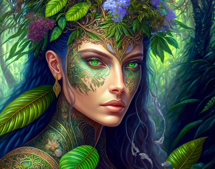 Illustration of woman with green eyes, blue skin, floral crown, leafy tattoos