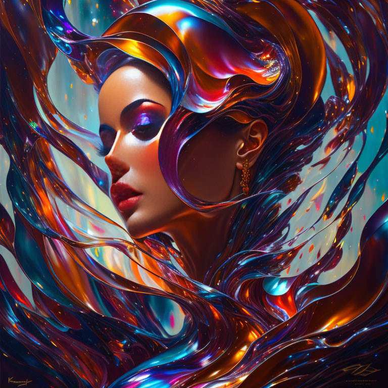 Colorful digital artwork: Woman with iridescent hair-like shapes.