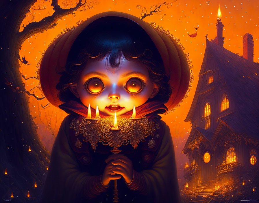 Whimsical Halloween scene with child holding candelabra