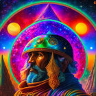 Digital artwork of two women in regal attire with oversized helmet in cosmic setting