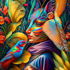 Colorful digital artwork of a woman with vibrant foliage and a vivid bird