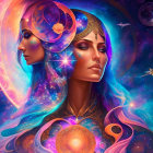 Colorful cosmic women adorned with galaxies, stars, and planets alongside flying birds