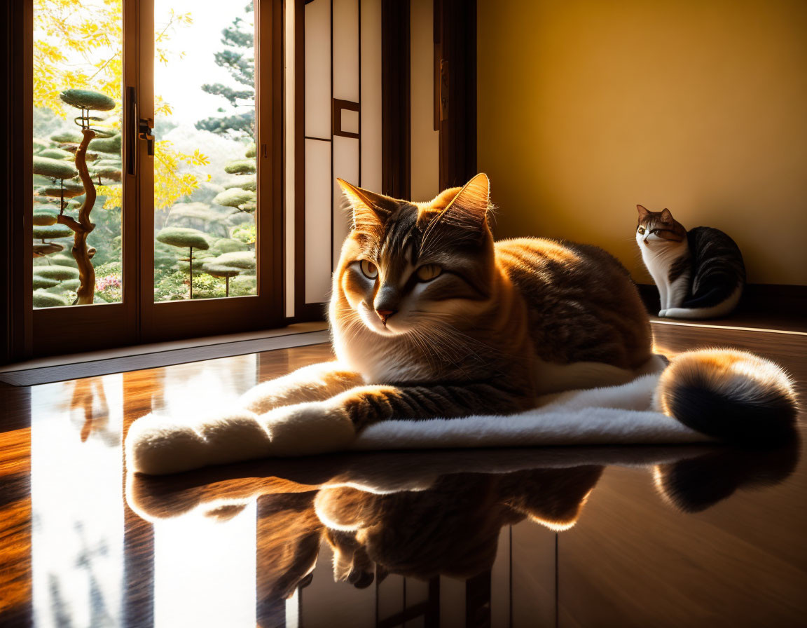 Two indoor cats relaxing: one basking in sunlight, the other gazing at garden view.