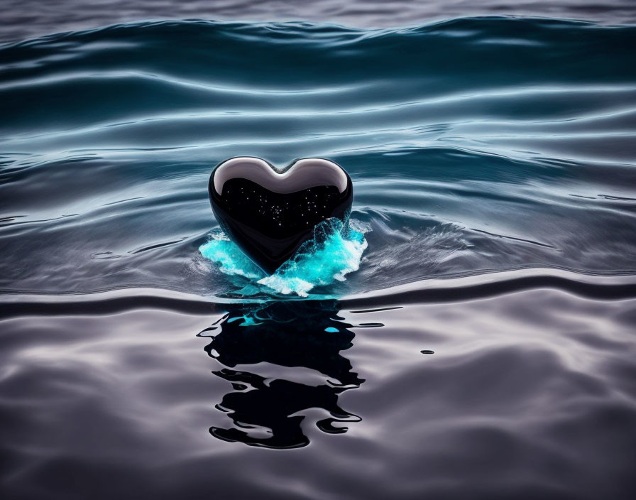 Heart-shaped Reflective Object Floating on Dark Blue Waters