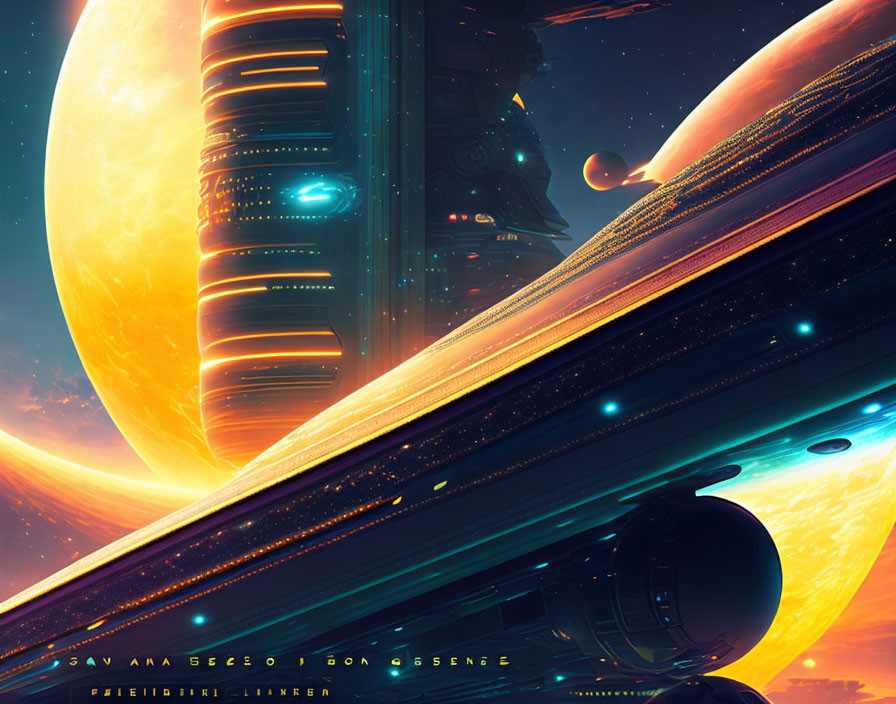 Futuristic cityscape with towering buildings, spaceship, planet with rings, starry sky