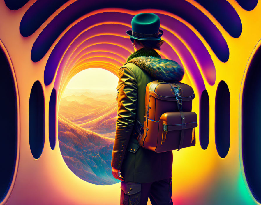 Traveler in Hat and Jacket at Psychedelic Tunnel with Mountain View