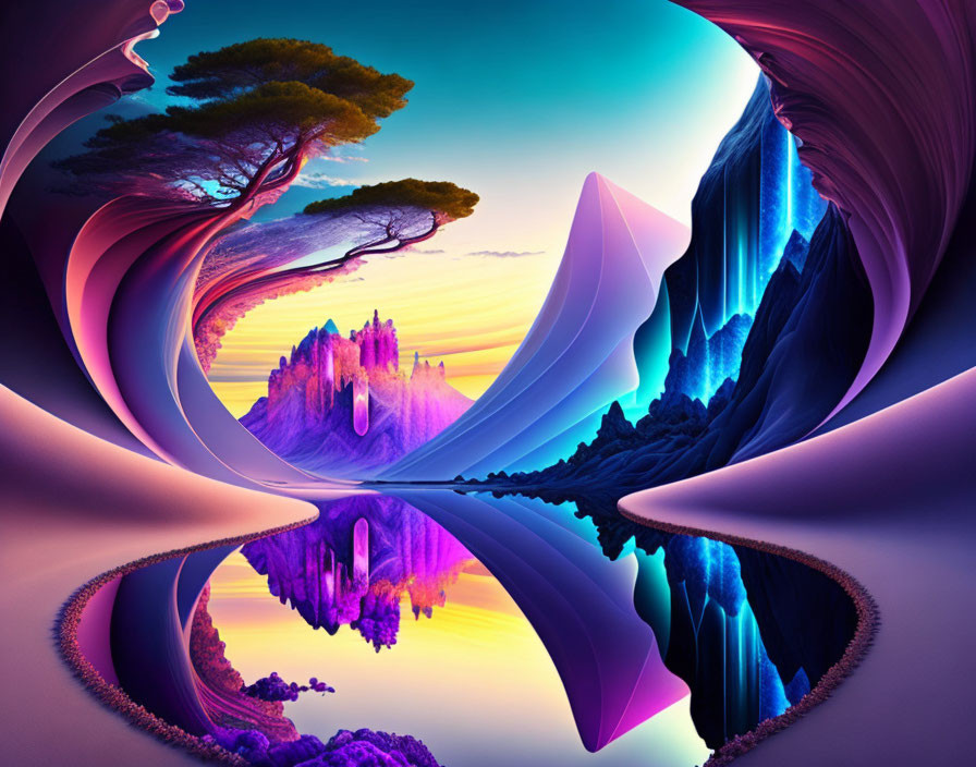 Colorful digital artwork: swirling landscapes, mirrored water, mountains, lone tree, surreal sky