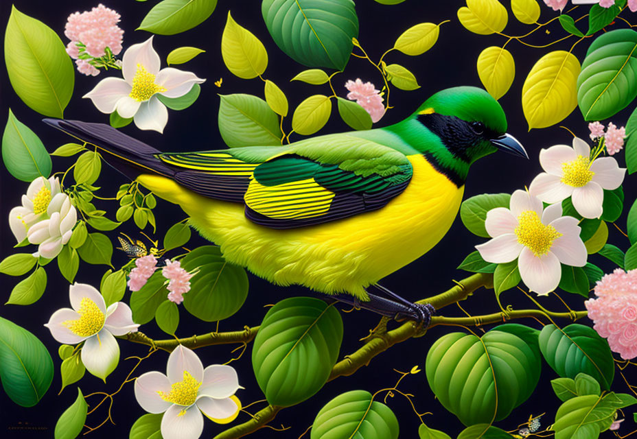 Colorful bird on branch with flowers and foliage on dark background