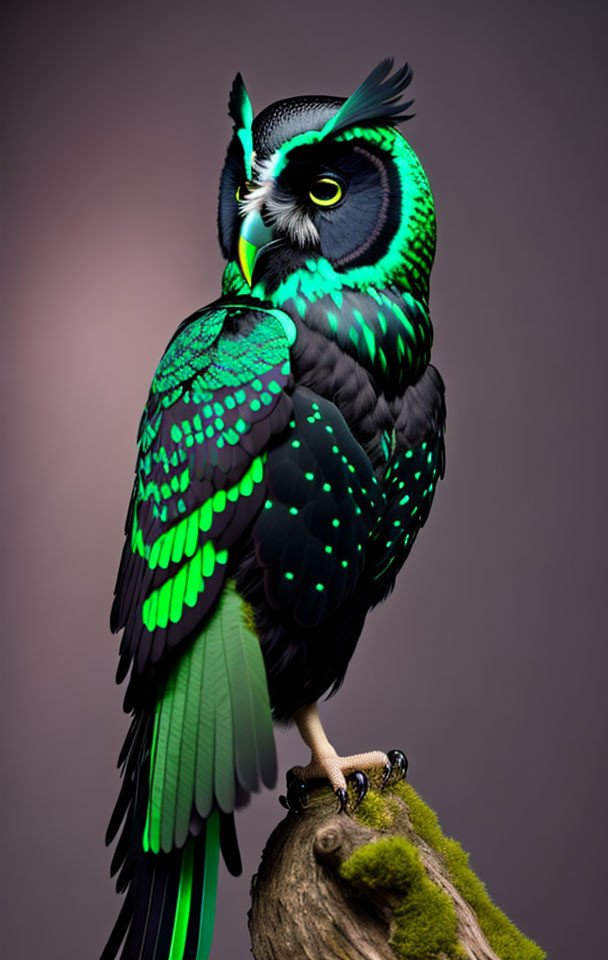 Colorful Stylized Owl Artwork with Green and Black Patterns