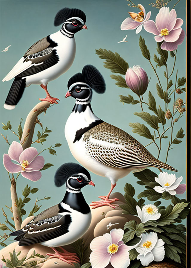 Three Partridges with Black and White Plumage in Pink and White Blossoms on Teal Background