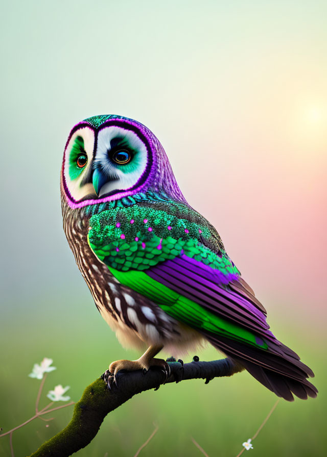 Colorful digitally altered owl with purple and green feathers on a branch.