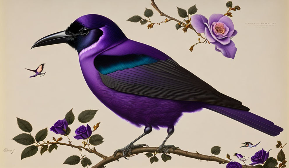 Colorful Purple Bird Illustration on Branch with Flowers