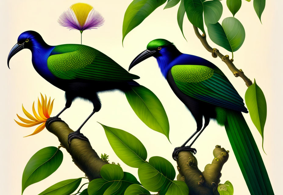 Colorful Birds Perched on Branch with Green Leaves and Yellow Flower