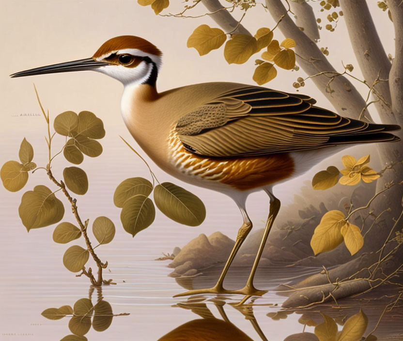 Detailed Bird Illustration with Long Legs and Beak by Water, Leaves, and Branches