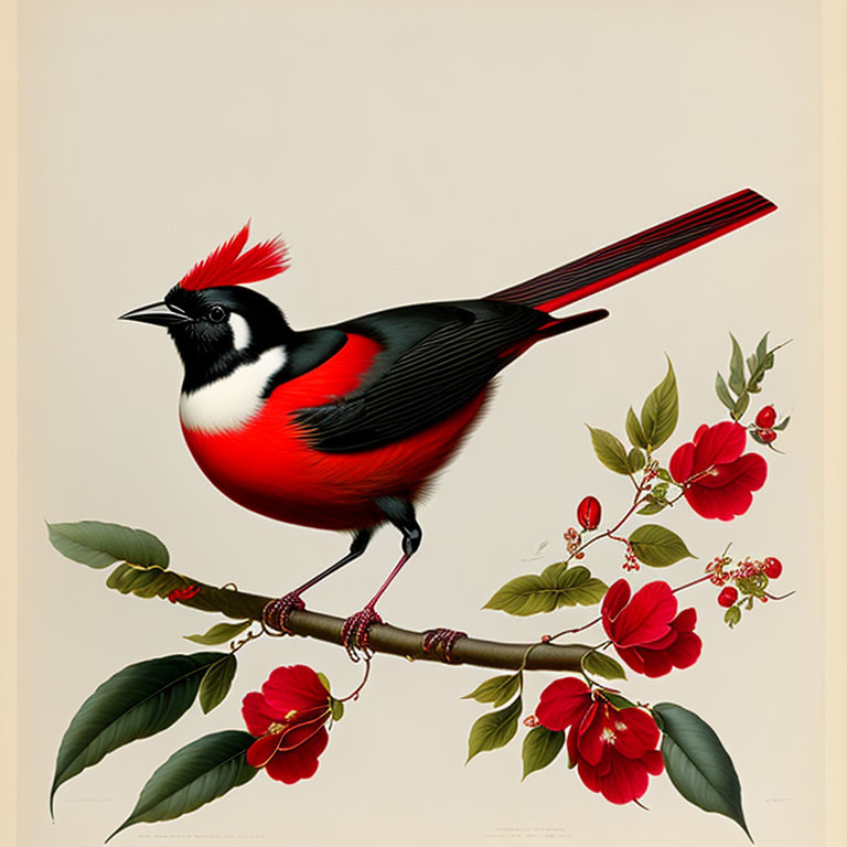 Colorful bird with crest on branch with flowers and leaves