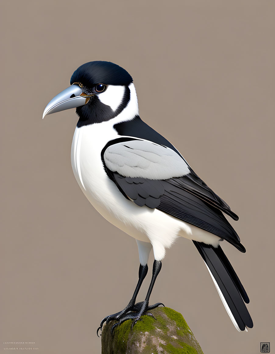 Black and white Pied Butcherbird perched on tree stump