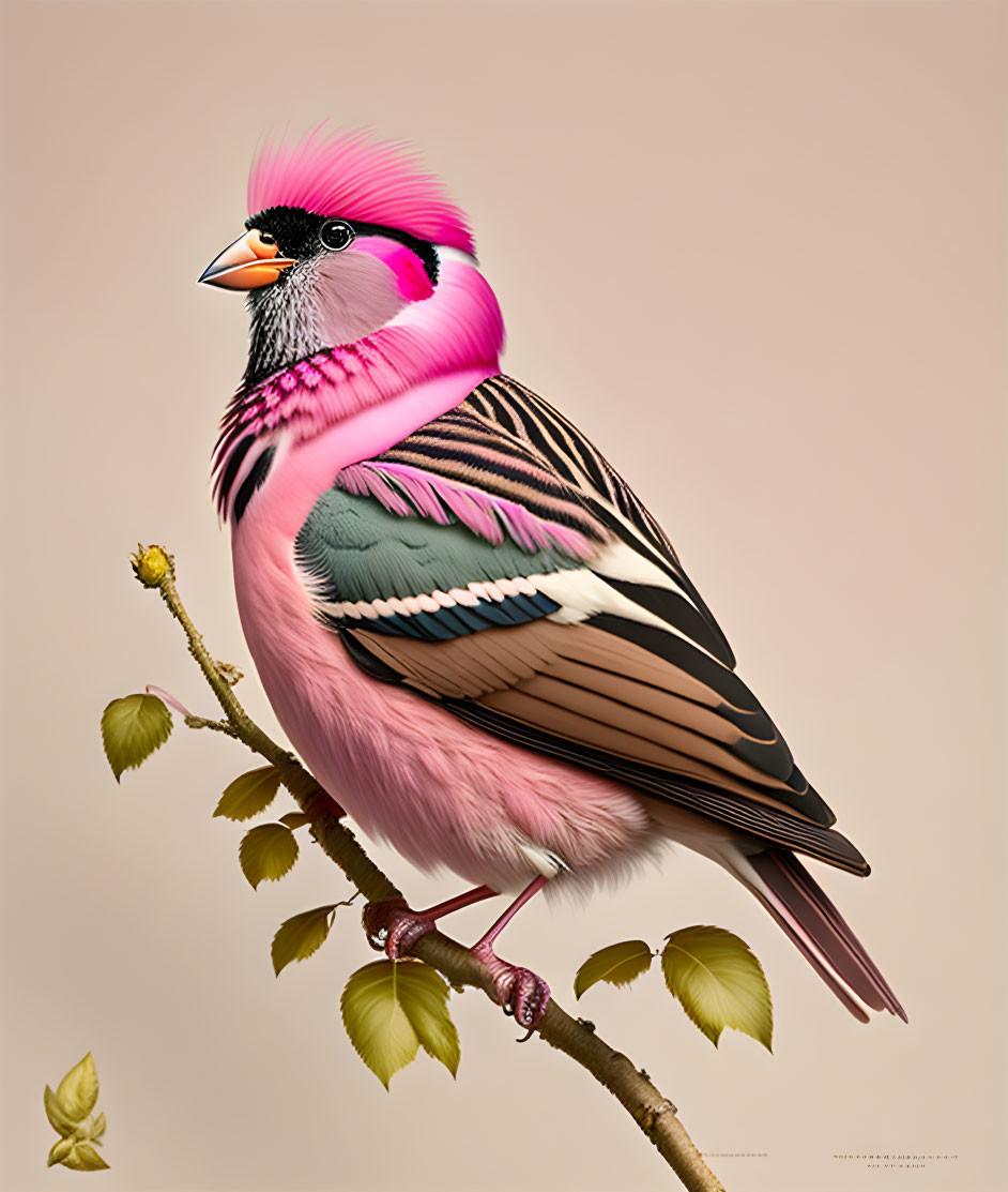 Digital artwork: Bird with human-like face, vibrant pink head, contrast feathers, perched on branch