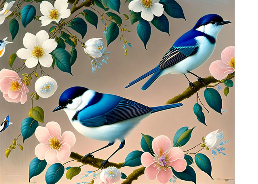 Vibrant blue and white birds on branch with pink and white blossoms