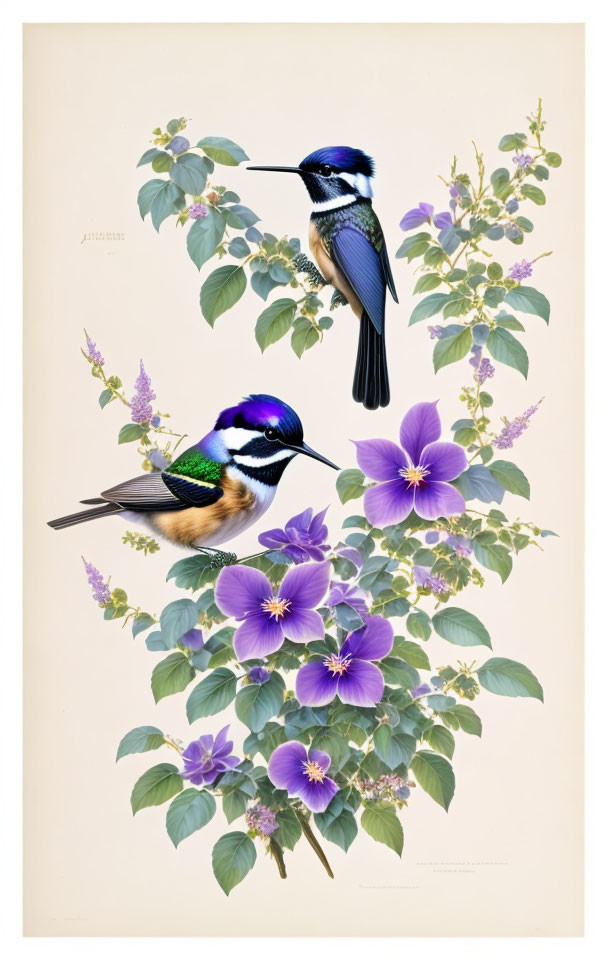 Vibrant birds among purple flowers and green foliage in vintage style