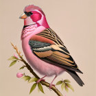 Digital artwork: Bird with human-like face, vibrant pink head, contrast feathers, perched on branch