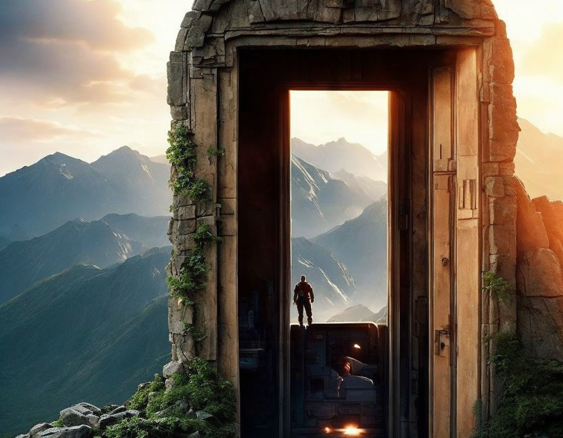 Person at ancient cliff door with train car and mountains