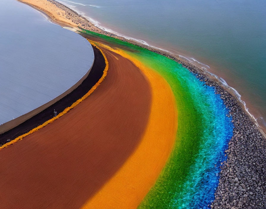 Curved Shoreline with Vibrant Rainbow-Colored Pattern