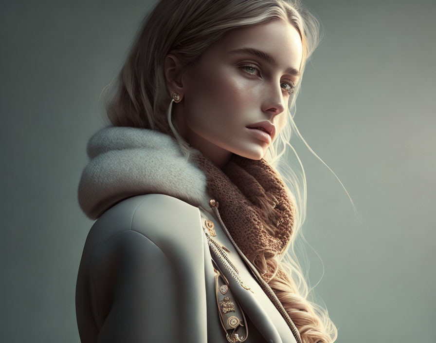 Blonde woman in fur collar and elegant coat gazes sideways