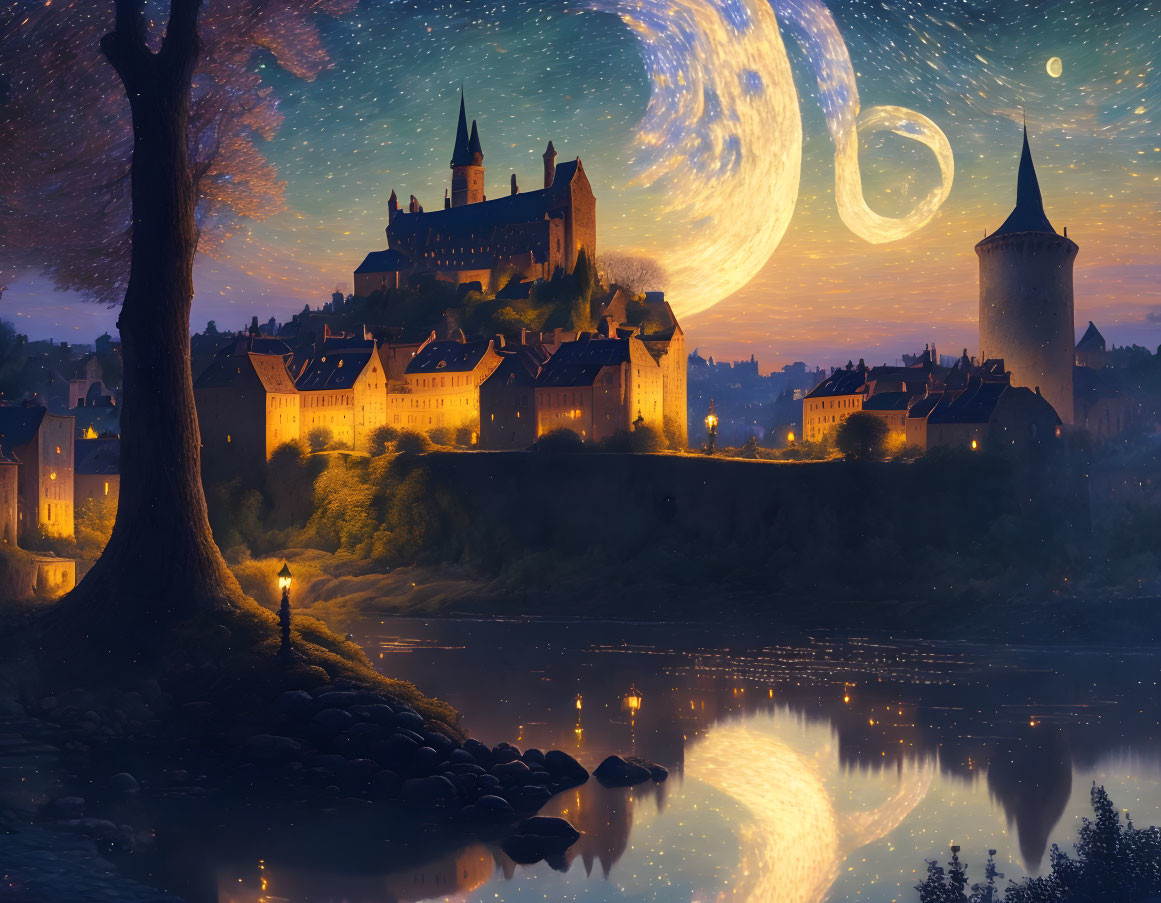 Fantastical landscape with medieval castle, giant moon, planets, river reflection