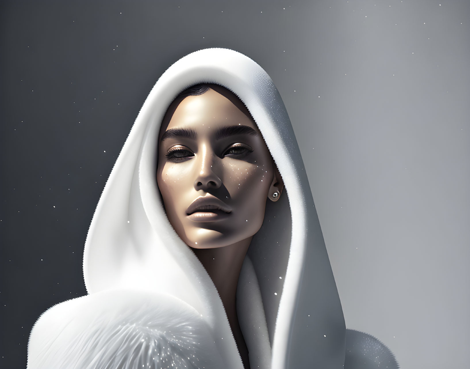 Serene person in white hooded garment on starry backdrop