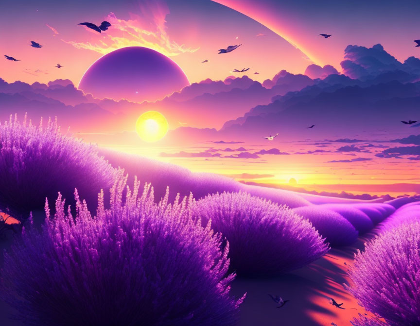 Surreal landscape with purple foliage and dual suns in sunset sky