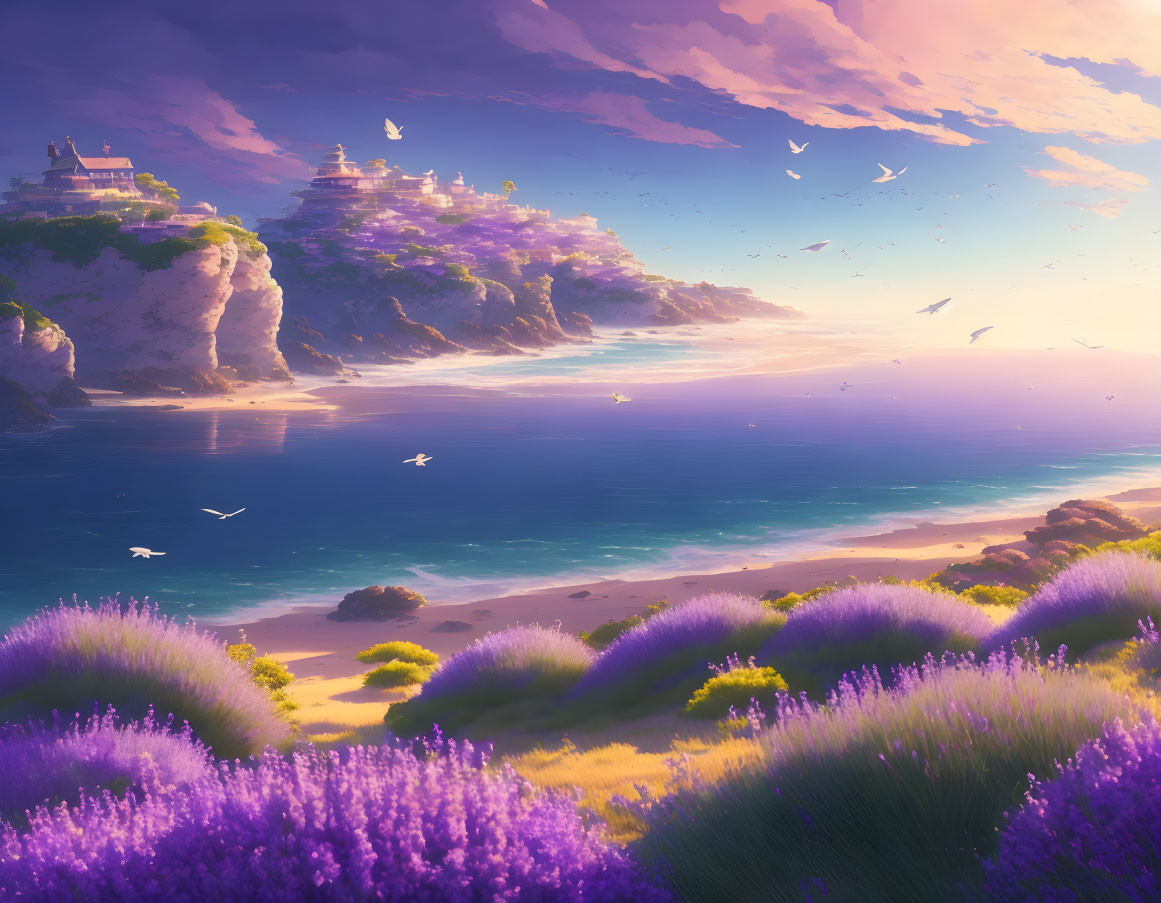 Tranquil purple beachscape with lavender fields, birds, sea, and cliff village at sunset