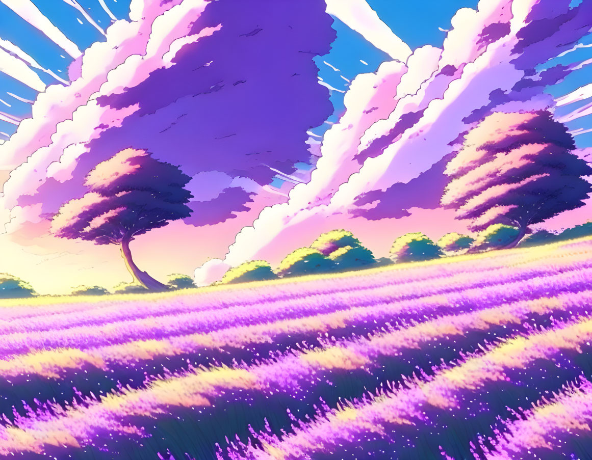 Colorful sunset scene: lavender field, green trees, pink and blue sky.