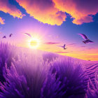 Surreal landscape with purple foliage and dual suns in sunset sky