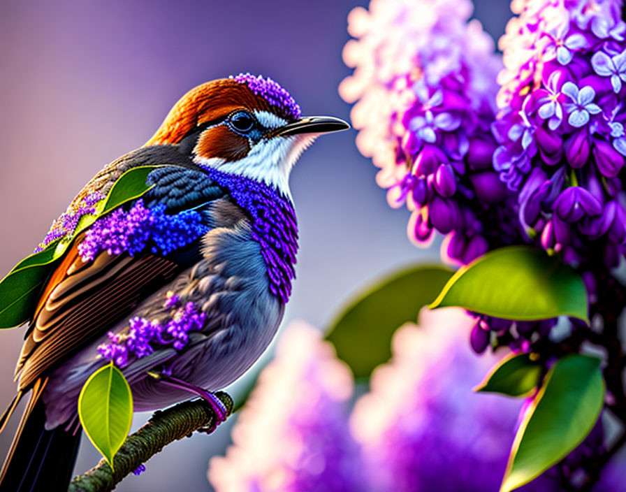 Colorful Bird Perched on Branch Among Vibrant Purple Flowers