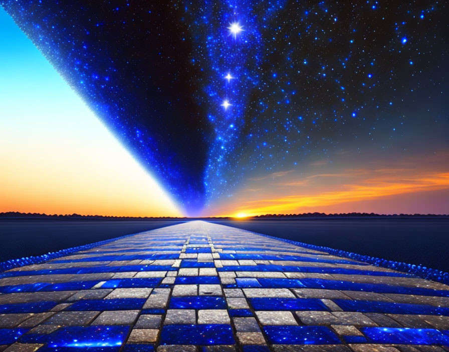 Vibrant digital artwork: Pathway with blue lights, starry night sky, radiant sunset