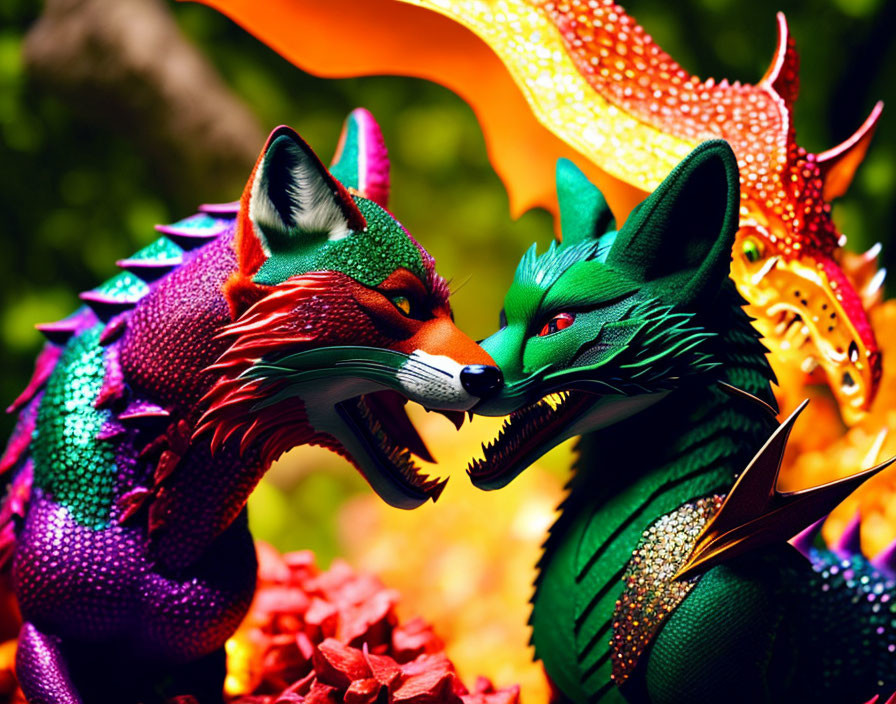 Intricately detailed fantasy fox figures with dragon-like features in nature.