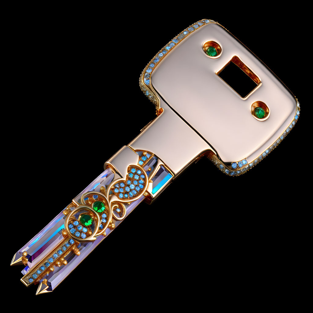 Golden key with gemstones and intricate details on black background