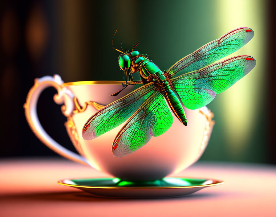 Colorful dragonfly on teacup and saucer against gradient background