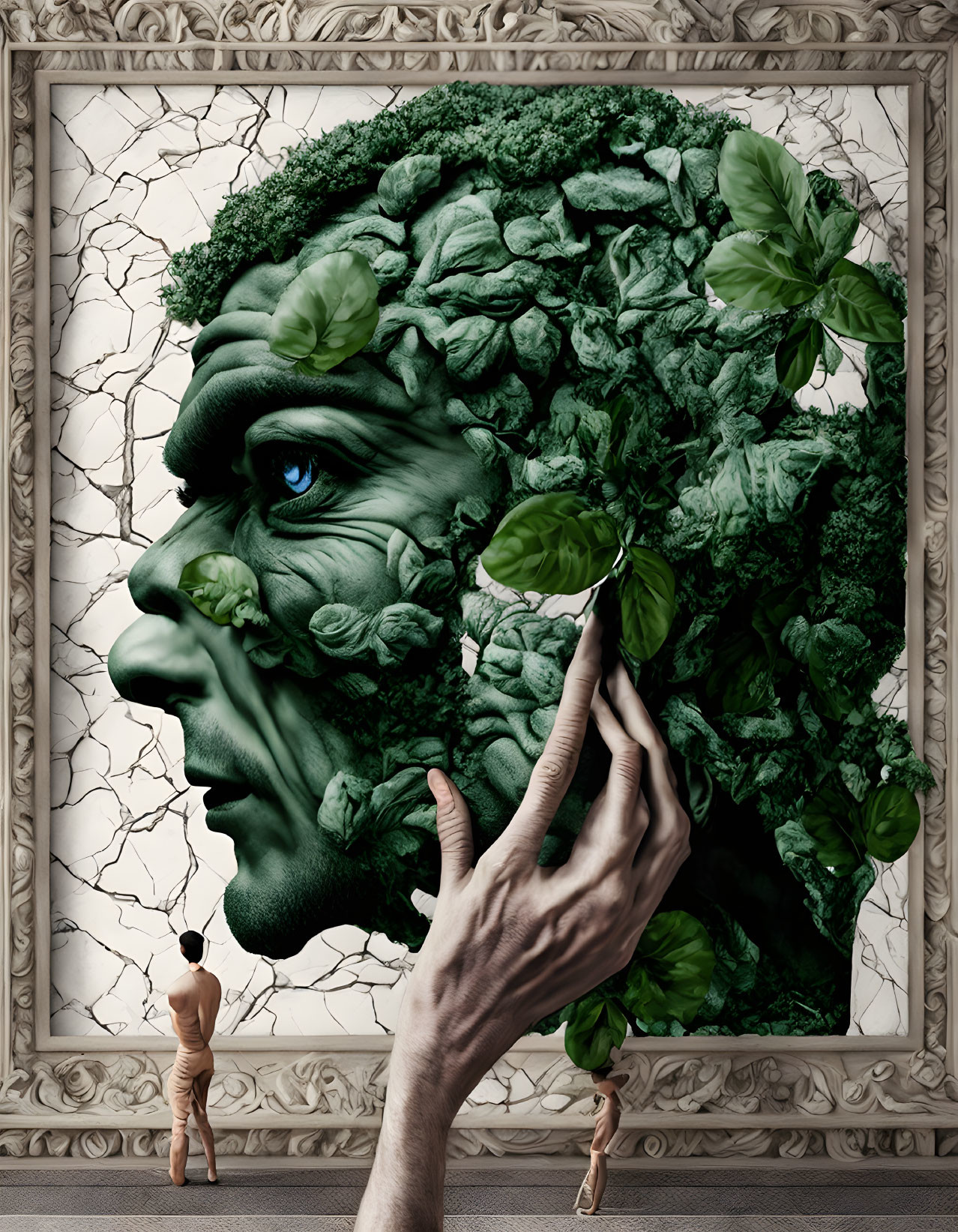 Surreal portrait with green leaf face and figures adjusting art