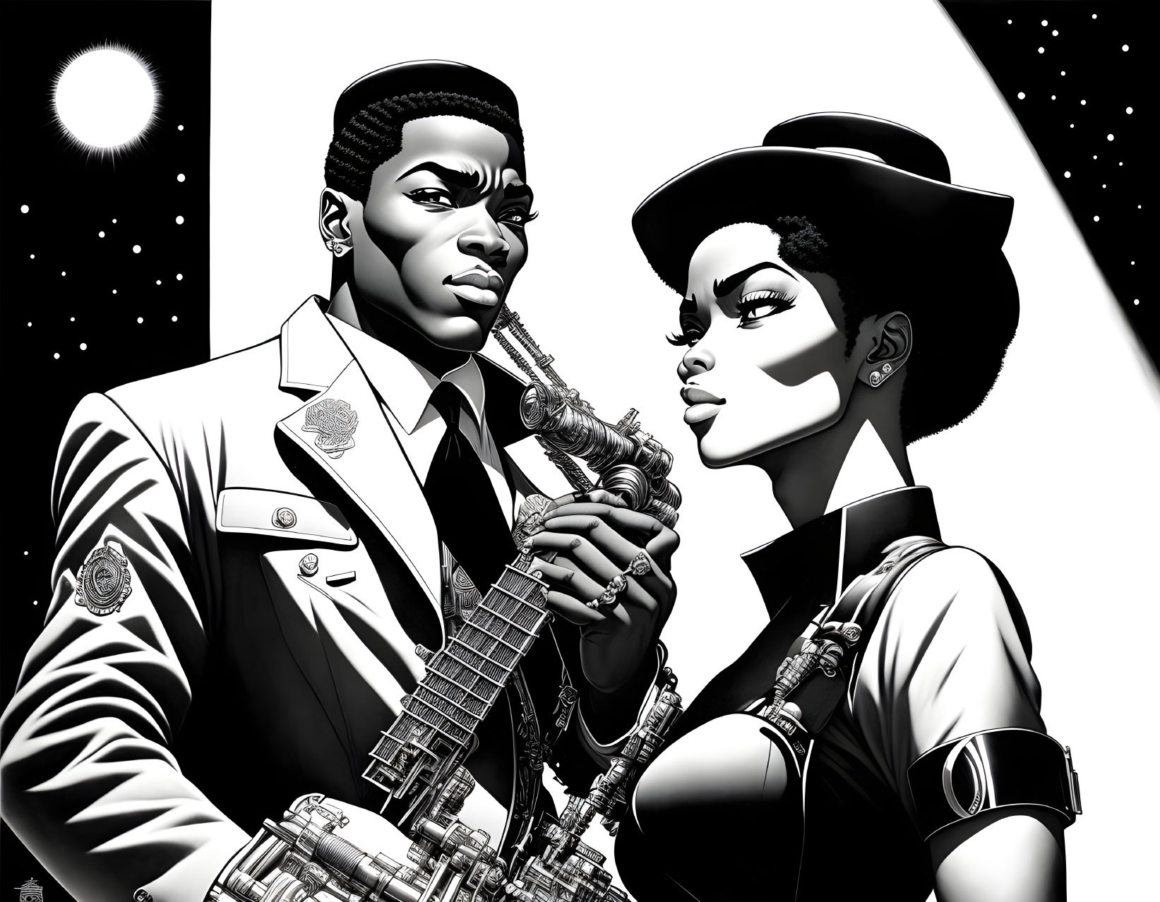 Stylized black-and-white illustration of man and woman in retro-futuristic outfits with blaster