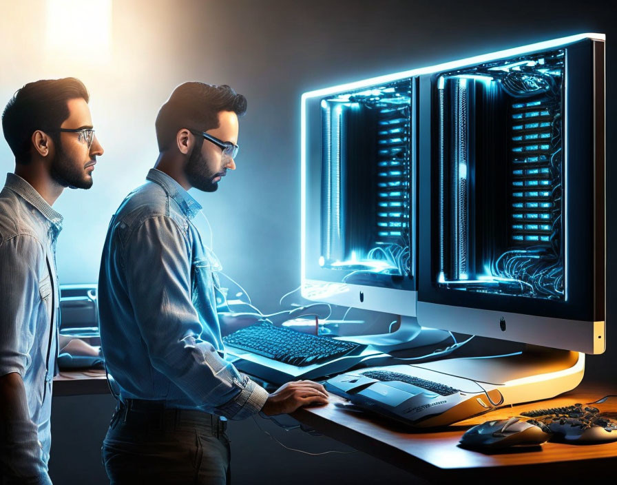 Men inspecting server racks on computer screens in blue-lit tech setting