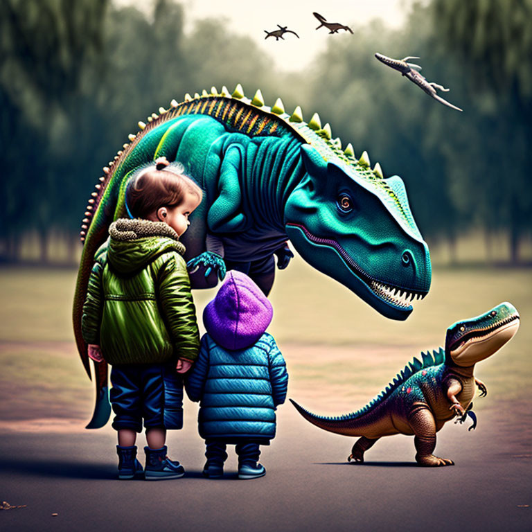 Children with puffy jackets and friendly dinosaur under hazy sky.