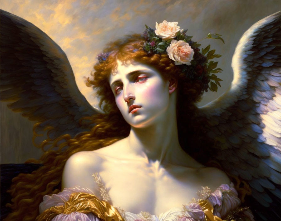 Serene angelic figure with wings and floral crown under warm light