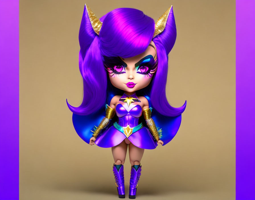 Purple-haired animated character in superhero costume with horns and gold armlets on tan background