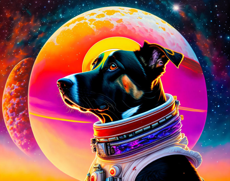 Colorful Cosmic Dog in Spacesuit with Planets and Star