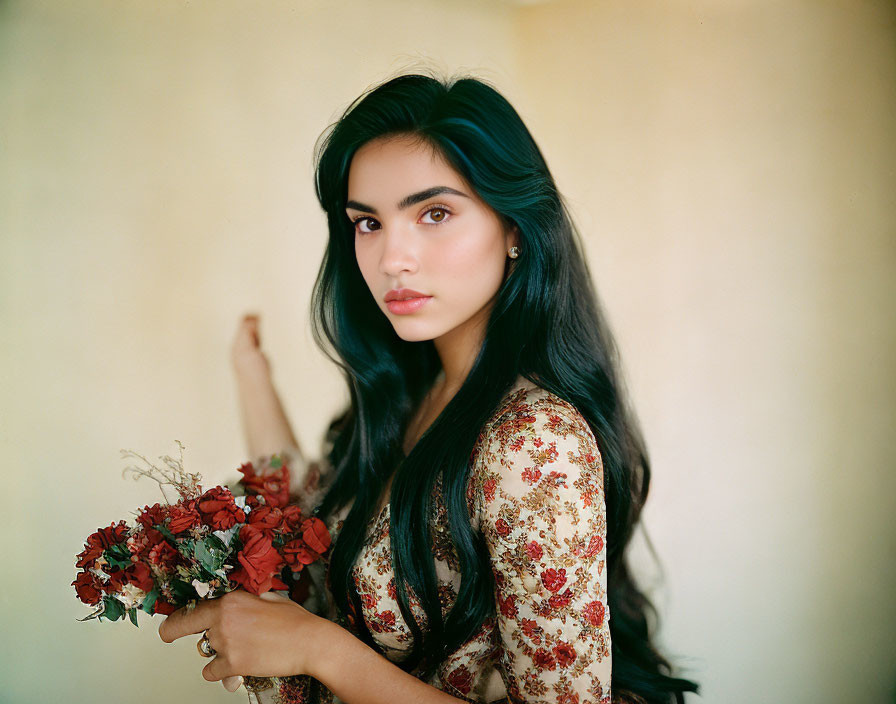 Dark-haired woman in floral dress holding bouquet on soft yellow backdrop