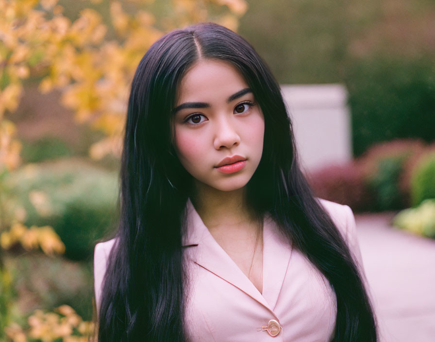 Young woman with long black hair in light pink blazer outdoors.