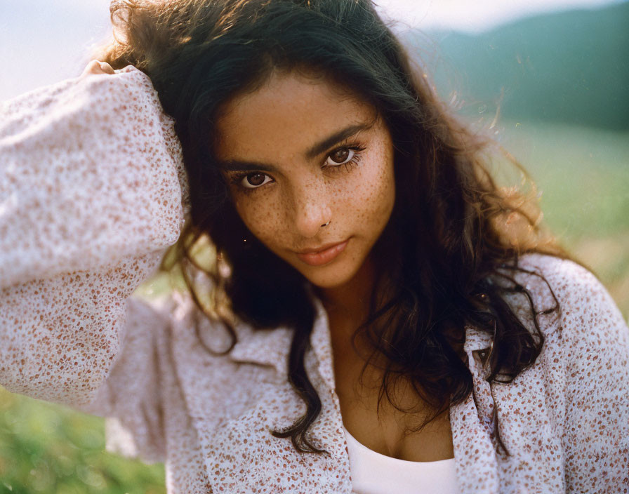 Freckled woman in floral shirt with curly hair in field pose