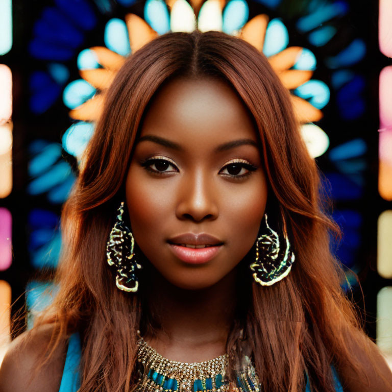 Woman with Striking Makeup and Hoop Earrings Against Colorful Bokeh Background