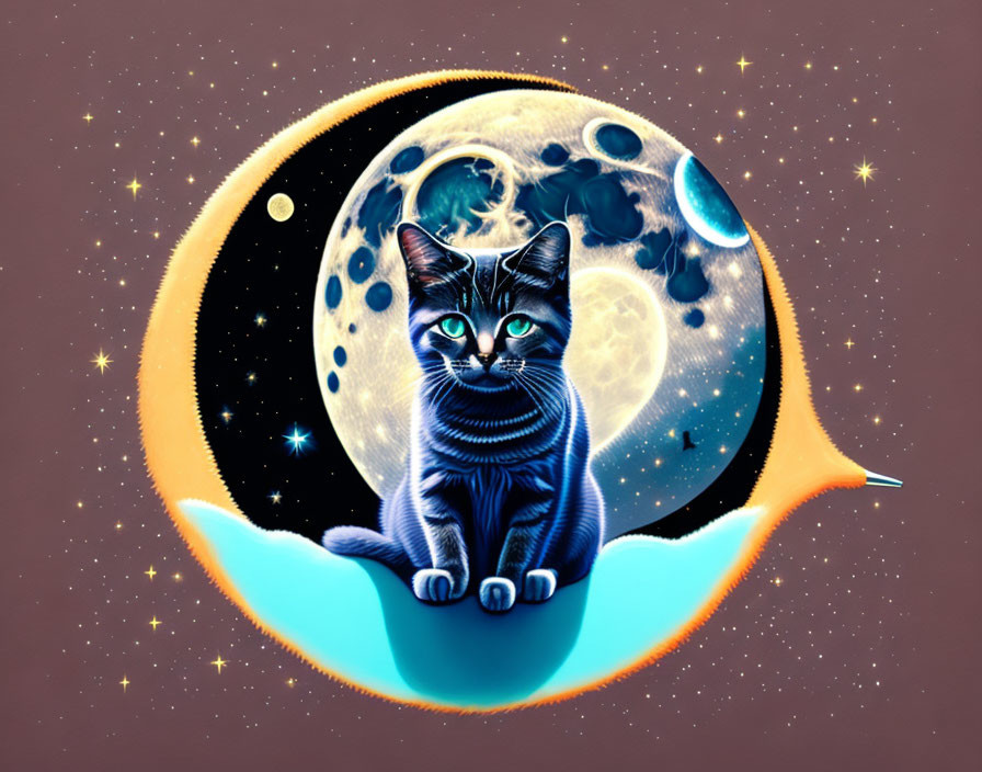 Black Cat in Celestial Setting with Full Moon and Stars Border